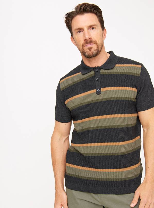 Block Stripe Textured Zip Polo Shirt XL